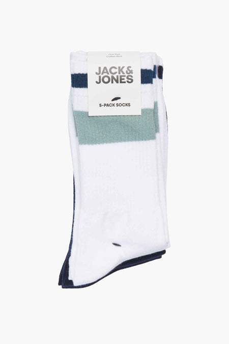 Chaussettes blanches d'ACCESSORIES BY JACK & JONES, avec des rayures bleues et vertes, emballées en paquet de 5.