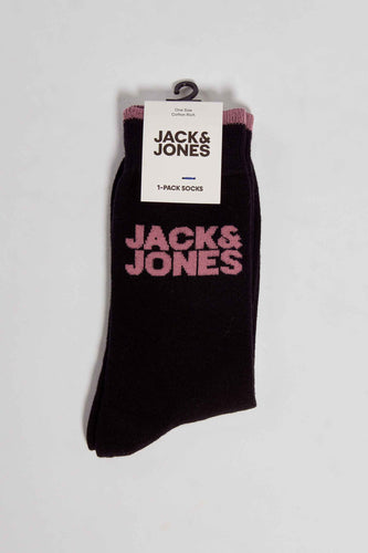 Zwarte sokken van ACCESSORIES BY JACK & JONES, met roze accenten en merknaam in roze letters.