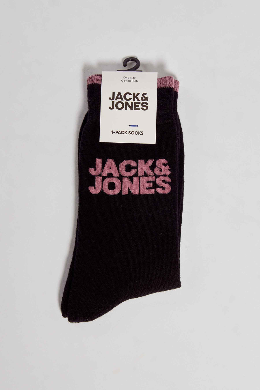 Zwarte sokken van ACCESSORIES BY JACK & JONES, met roze accenten en merknaam in roze letters.