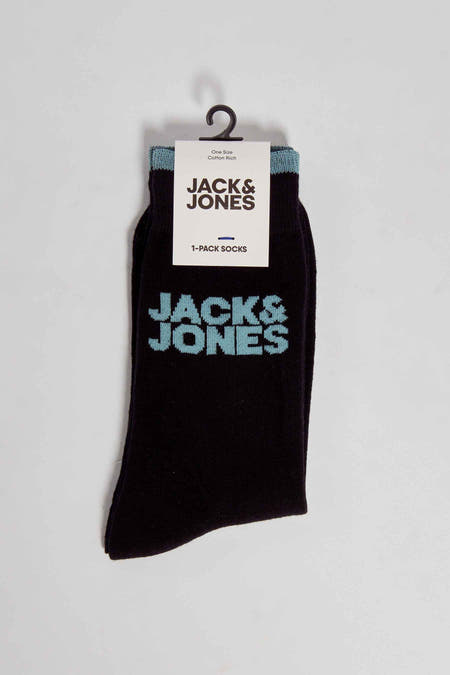 Zwarte sokken van ACCESSORIES BY JACK & JONES, met blauwe details en merklogo.
