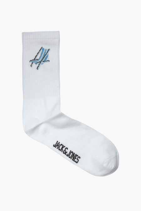 Witte sok van JACK & JONES met blauw-zwart grafisch design en merklogo.