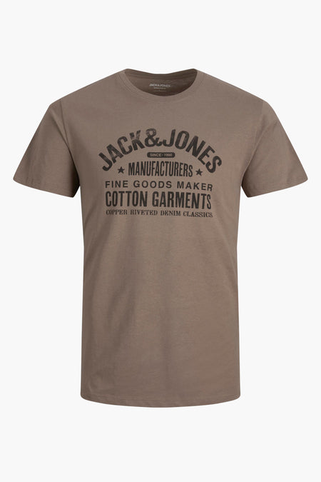 Bruin katoenen T-shirt met ronde hals van PREMIUM BLUE by JACK & JONES, met zwarte grafische print op de borst.
