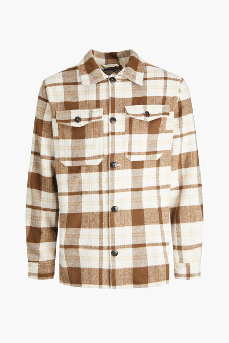 Bruin overhemd van ORIGINALS BY JACK & JONES, met een ruitpatroon, lange mouwen en borstzakken.