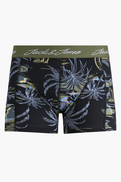 Groene boxers met tropisch palmbladpatroon van ACCESSORIES BY JACK & JONES, zwarte basis met witte en gele accenten, vooraanzicht