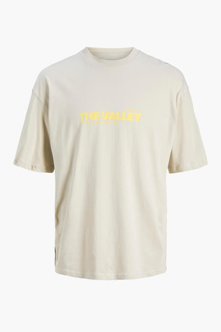 Beige T-shirt van ORIGINALS by JACK & JONES met gele 'The Valley'-tekstprint.
