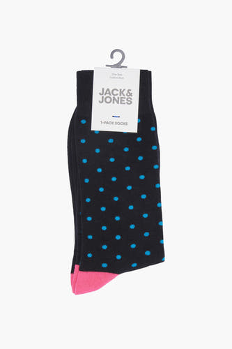 Zwarte sokken van ACCESSORIES BY JACK & JONES met blauwe stippen en roze teenstuk.