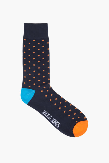 Blauwe sokken met stippen van ACCESSORIES BY JACK & JONES, met een blauwe en oranje teen.
