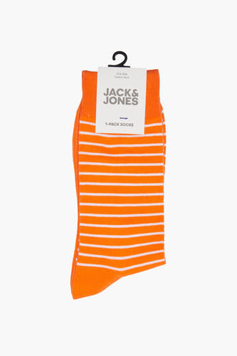 Chaussettes orange d'ACCESSORIES BY JACK & JONES, avec des bandes blanches et une étiquette avec le nom de la marque.