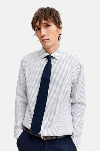 Blauw, gestreept overhemd met lange mouwen van PREMIUM by JACK & JONES, gedragen met een donkerblauwe stropdas en een bruine riem.

