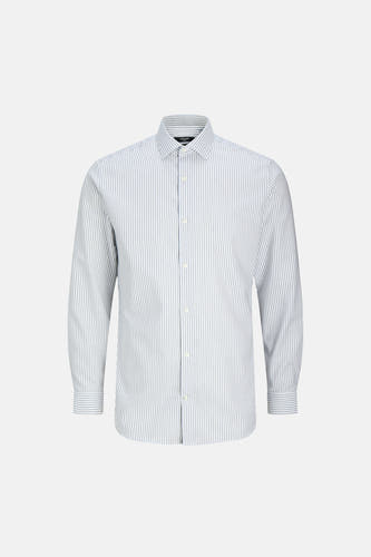 Blauw gestreept overhemd met lange mouwen van PREMIUM by JACK & JONES, met een klassieke kraag en knoopsluiting.