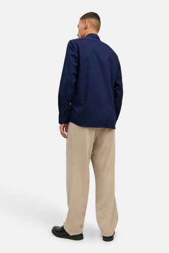 Blauw overhemd met lange mouwen van PREMIUM by JACK & JONES, gedragen met beige pantalon en zwarte schoenen, achteraanzicht.