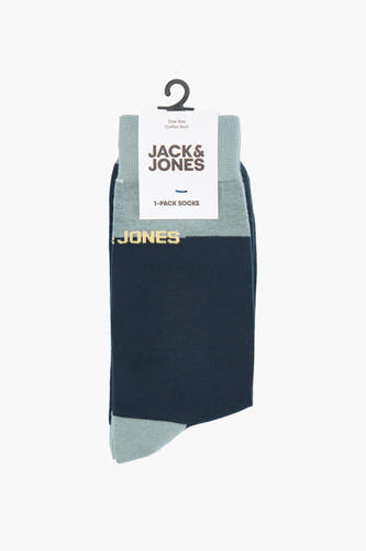 Blauwe sokken van ACCESSORIES BY JACK & JONES, met een kleurvlak en merknaam in gouden letters.