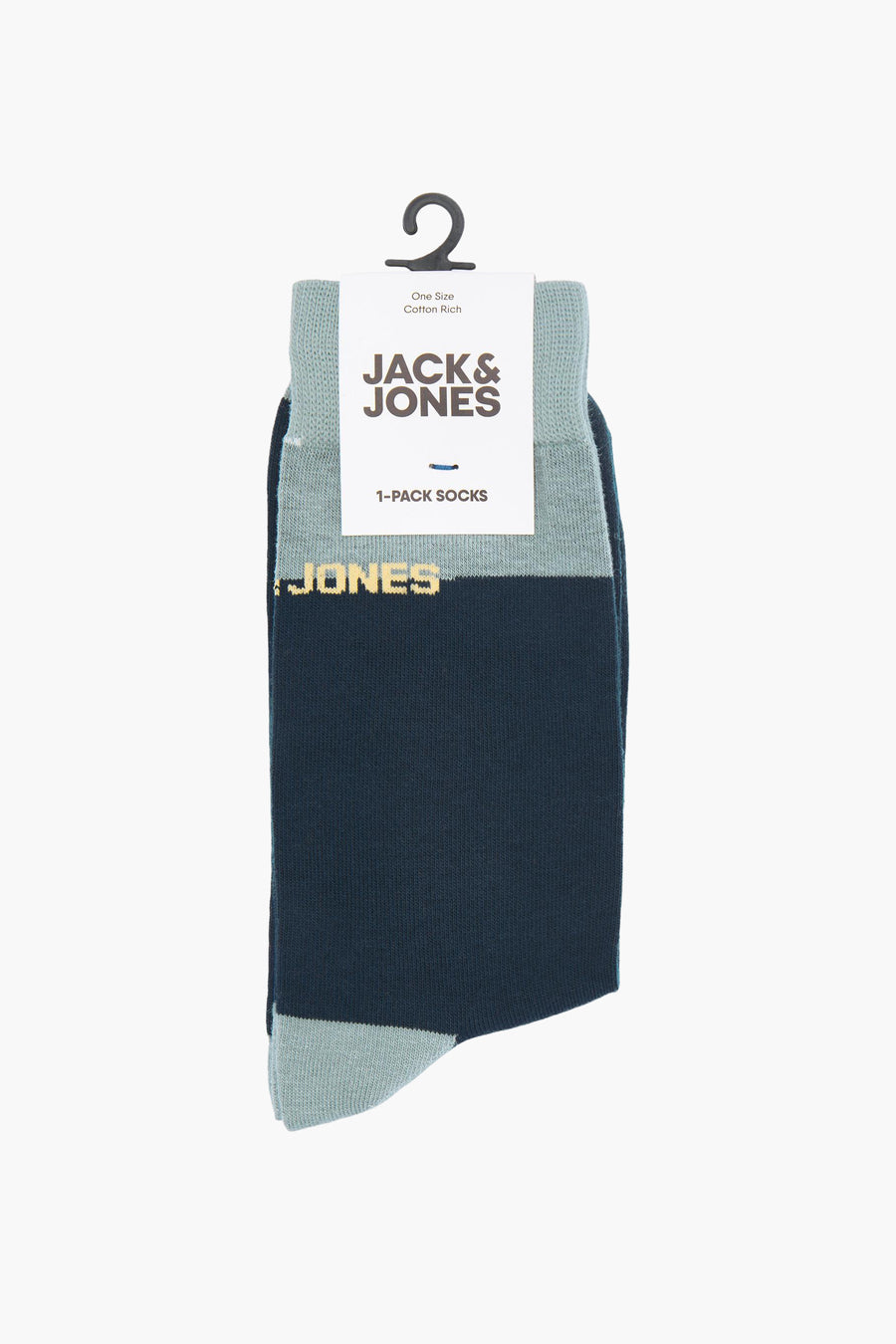 Blauwe sokken van ACCESSORIES BY JACK & JONES, met een kleurvlak en merknaam in gouden letters.