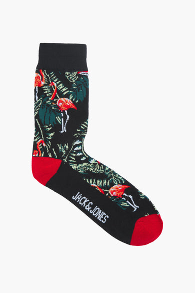 Zwarte sokken van ACCESSORIES BY JACK & JONES met een tropische print van flamingo's en bladeren, met rode details.
