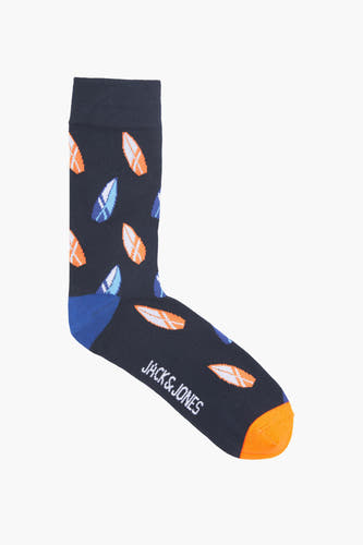 Blauwe sokken van ACCESSORIES BY JACK & JONES, met een surfplank motief en oranje details.