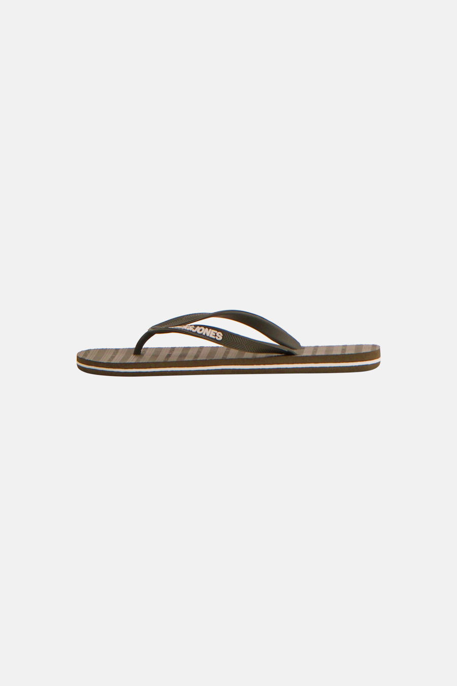 Kaki slippers met gestreepte zool en zwarte band van ACCESSORIES BY JACK & JONES, zijprofiel weergave