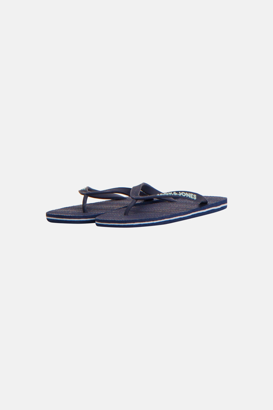 Blauwe slippers van ACCESSORIES BY JACK & JONES met witte rand en textuur op zool, vooraanzicht