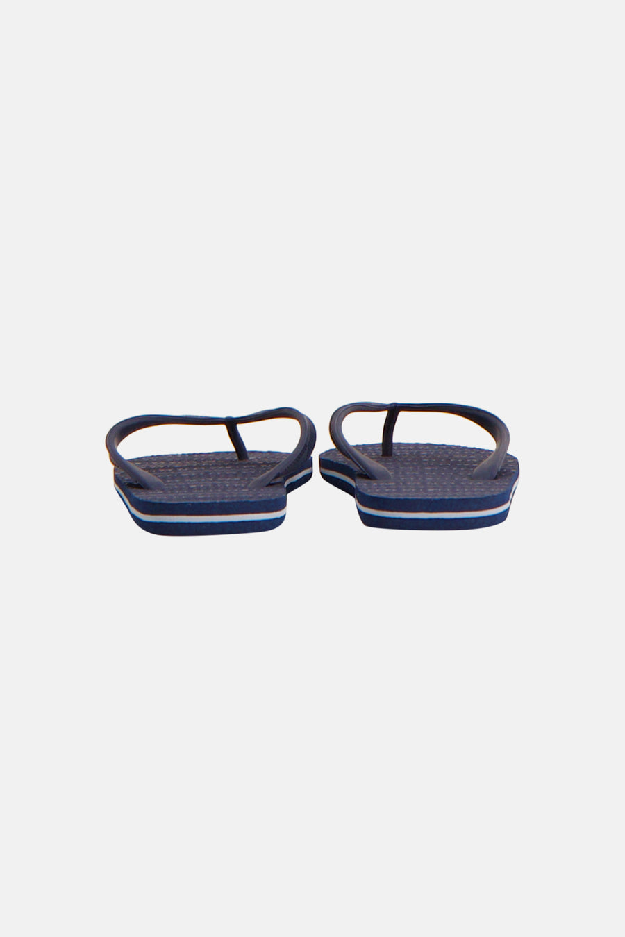 Blauwe slippers van ACCESSORIES BY JACK & JONES met witte streep aan de zool, platte zool en T-vormige band, vooraanzicht