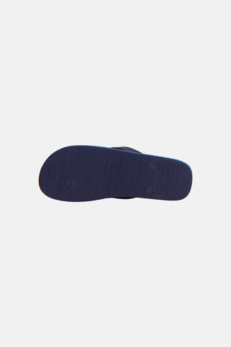 Blauwe slippers van ACCESSORIES BY JACK & JONES, onderzijde met gestreept patroon en merklogo, platte zool, achterweergave