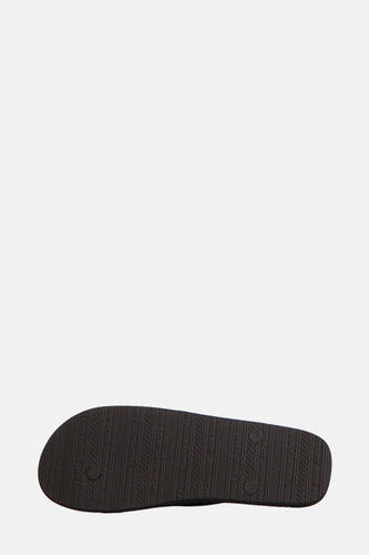 Zwarte slippers van ACCESSORIES BY JACK & JONES, met herhaalde logo's als textuur op de zool.
