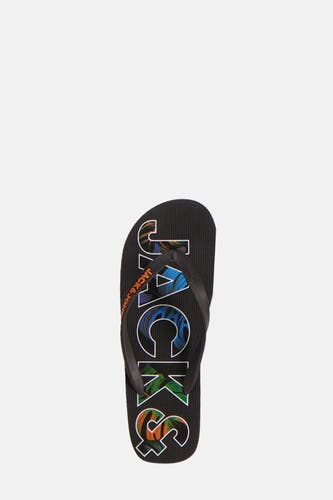 Zwarte slippers van ACCESSORIES BY JACK & JONES met grafisch dessin en merklogo.
