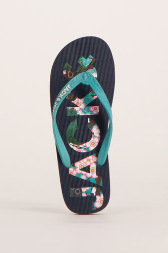 Blauwe slippers van ACCESSORIES BY JACK & JONES met een grafische bloemenprint op de zool en blauwe bandjes.
