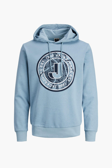 Lichtblauwe hoodie met capuchon van CORE BY JACK & JONES, voorzien van groot rond logo met stippenpatroon en witte accenten, front view