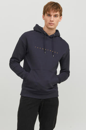 Blauwe sweater met kap van ORIGINALS by JACK & JONES, met lange mouwen en buidelzak.
