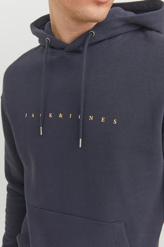 Blauwe sweater met kap van ORIGINALS BY JACK & JONES, met trekkoorden en logo op de borst.