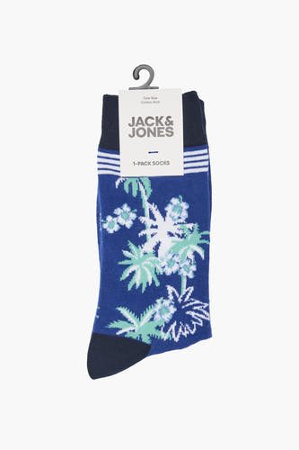 Blauwe sokken van ACCESSORIES BY JACK & JONES, met een tropische print van palmbomen en bloemen.