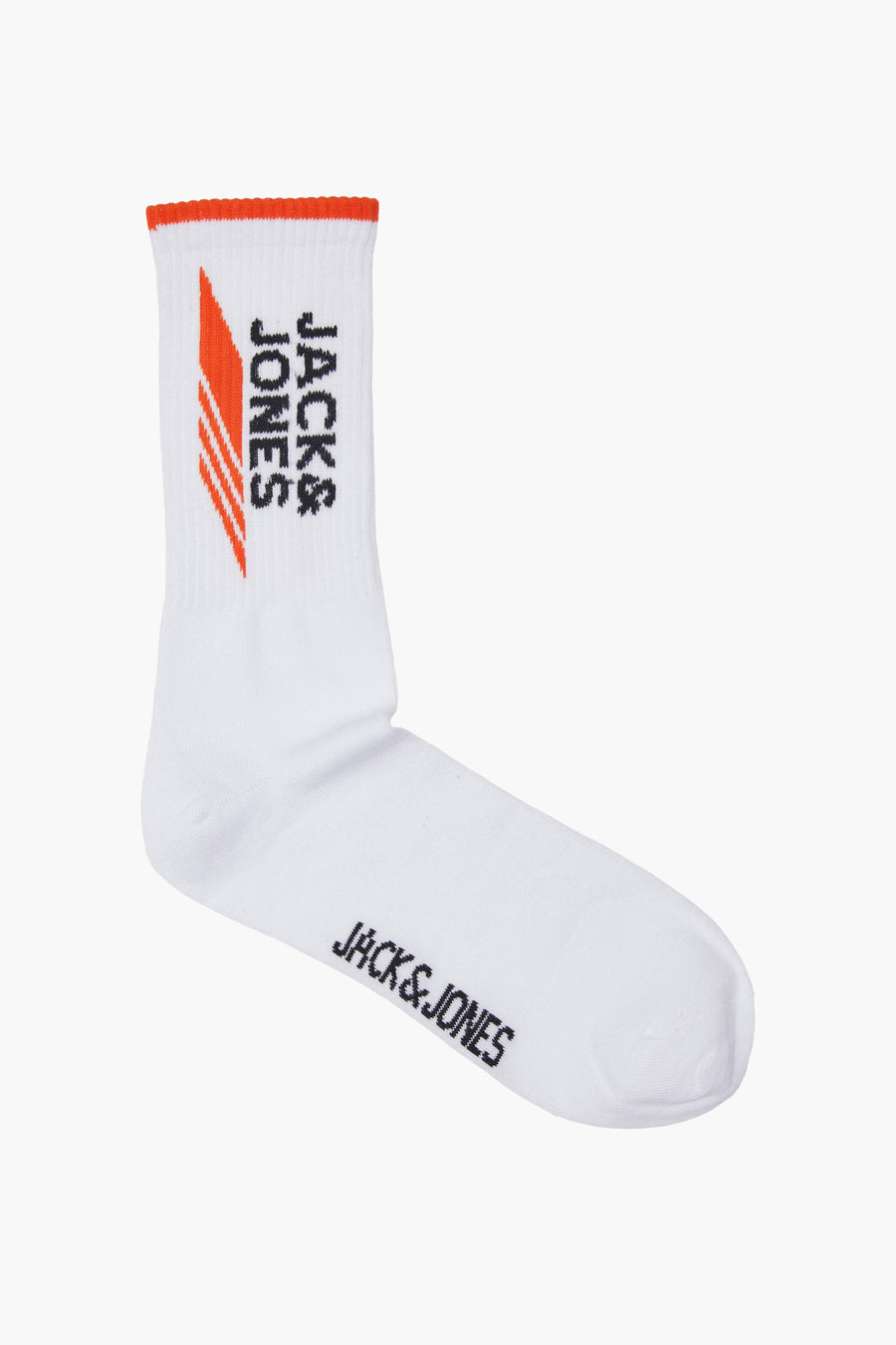 Witte sokken van JACK & JONES met oranje boord en strepen, en een zwart logo op de zijkant.