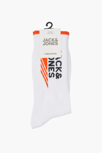 Witte sokken met oranje geribbelde boord van JACK & JONES, met strepen en merklogo op de zijkant.