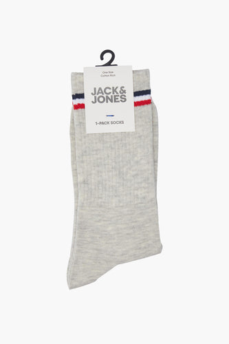 Grijze herensokken van Jack & Jones met rode, witte en blauwe strepen.