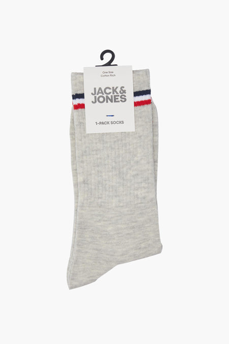 Grijze herensokken van Jack & Jones met rode, witte en blauwe strepen.