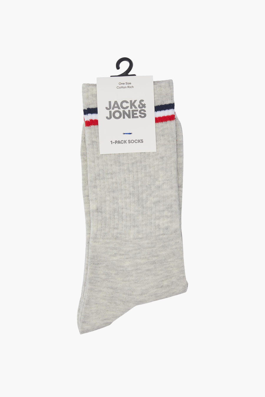 Grijze herensokken van Jack & Jones met rode, witte en blauwe strepen.