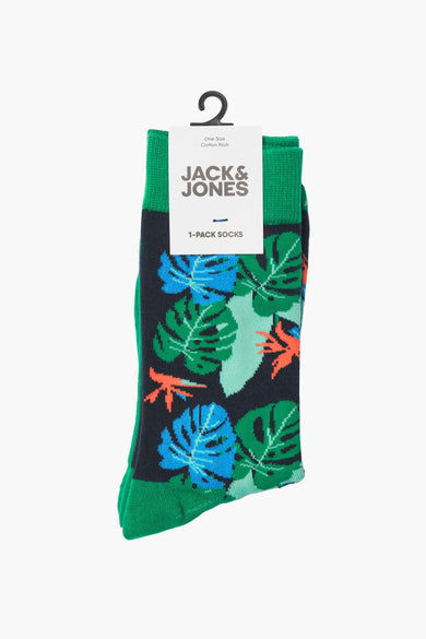Groene sokken van ACCESSORIES BY JACK & JONES, met een bladeren patroon in blauw en oranje.
