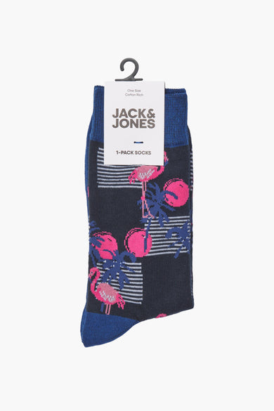 Blauwe sokken van ACCESSORIES BY JACK & JONES met een tropisch patroon van flamingo's en palmbomen.
