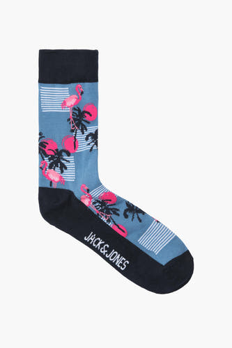 Chaussettes bleues d'ACCESSORIES BY JACK & JONES, avec un motif de flamants roses et de palmiers tropicaux.