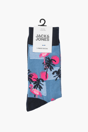 Blauwe sokken van ACCESSORIES BY JACK & JONES, met een tropisch flamingo- en palmbomenpatroon.