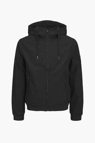 Zwarte korte jas van CORE BY JACK & JONES, met capuchon en ritssluiting.
