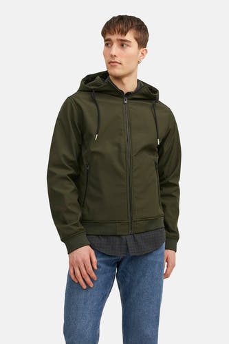 Groene korte jas van CORE BY JACK & JONES, met capuchon, ritssluiting en blauw geruit overhemd.