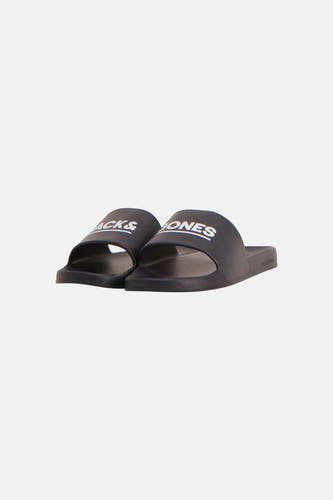 Tongs noir JACK & JONES, avec logo blanc 'LES' sur la bride et 'JACK & JONES' sur la semelle, en vue latérale.