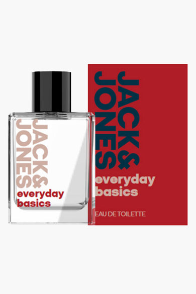 Rode parfum van ACCESSORIES BY JACK & JONES, met bijpassende verpakking, rechthoekige vormgeving en zwarte dop.