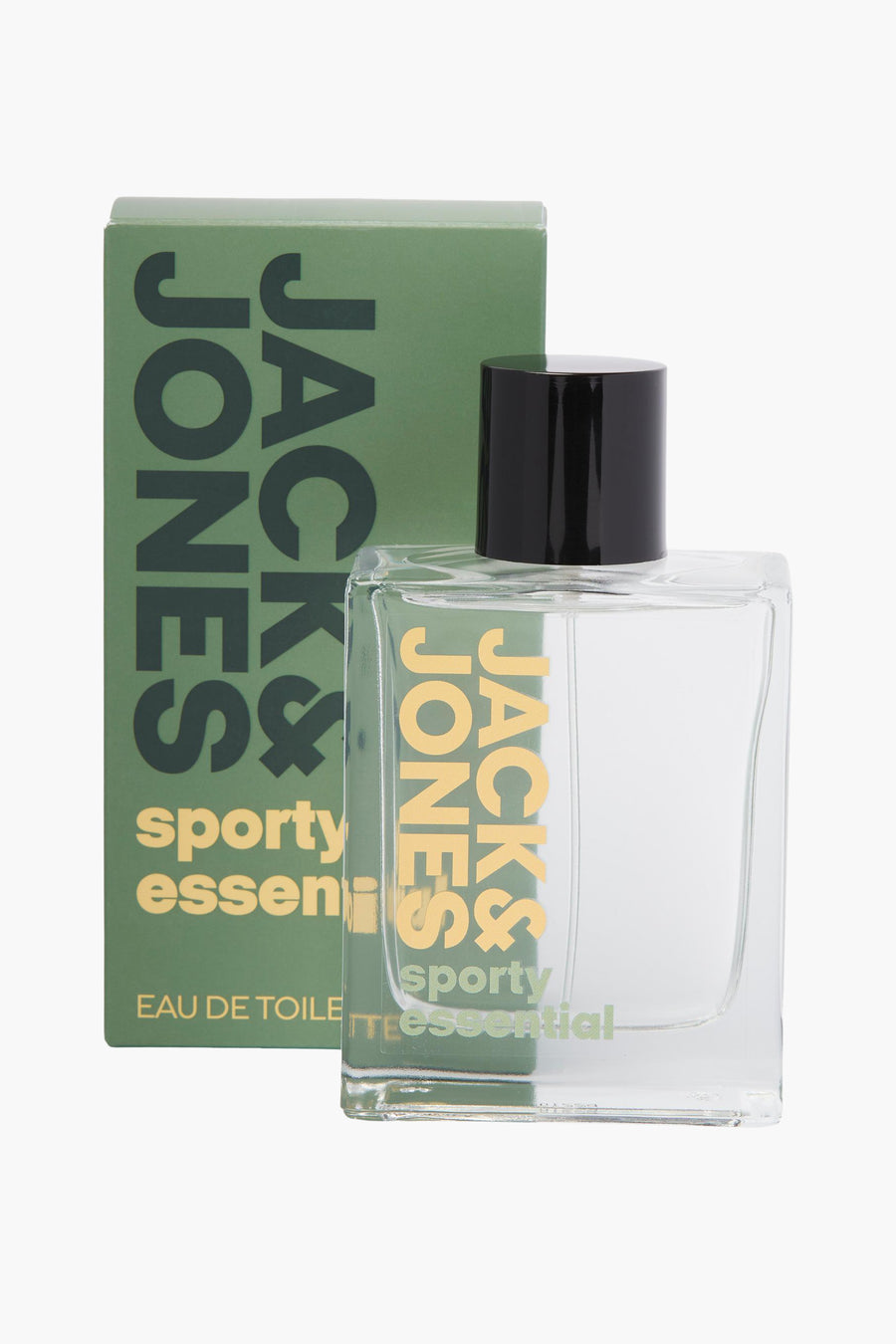 Parfum vert d'ACCESSORIES BY JACK & JONES, avec bouchon noir et texte sur la bouteille.