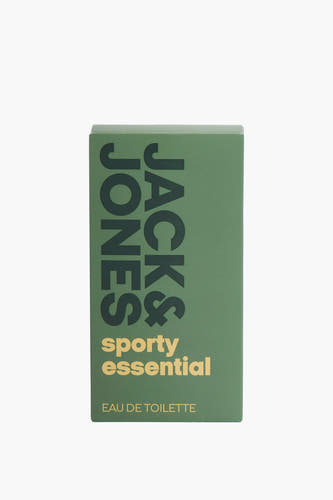 Parfum vert d'ACCESSORIES BY JACK & JONES, avec 'sporty essential' et 'eau de toilette' imprimés dessus.