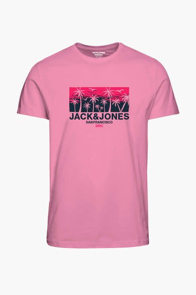 Roze korte mouwen T-shirt van ORIGINALS BY JACK & JONES met palmboommotief en logo op borst, front view