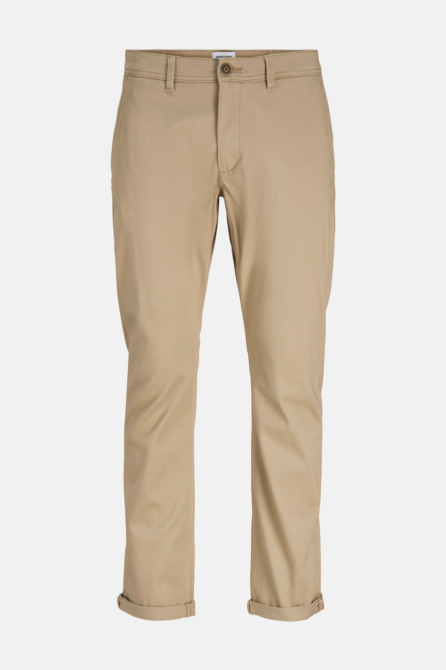 Beige chino van JACK & JONES JEANS INTELLIGENCE, met omgeslagen pijpen en een effen patroon.
