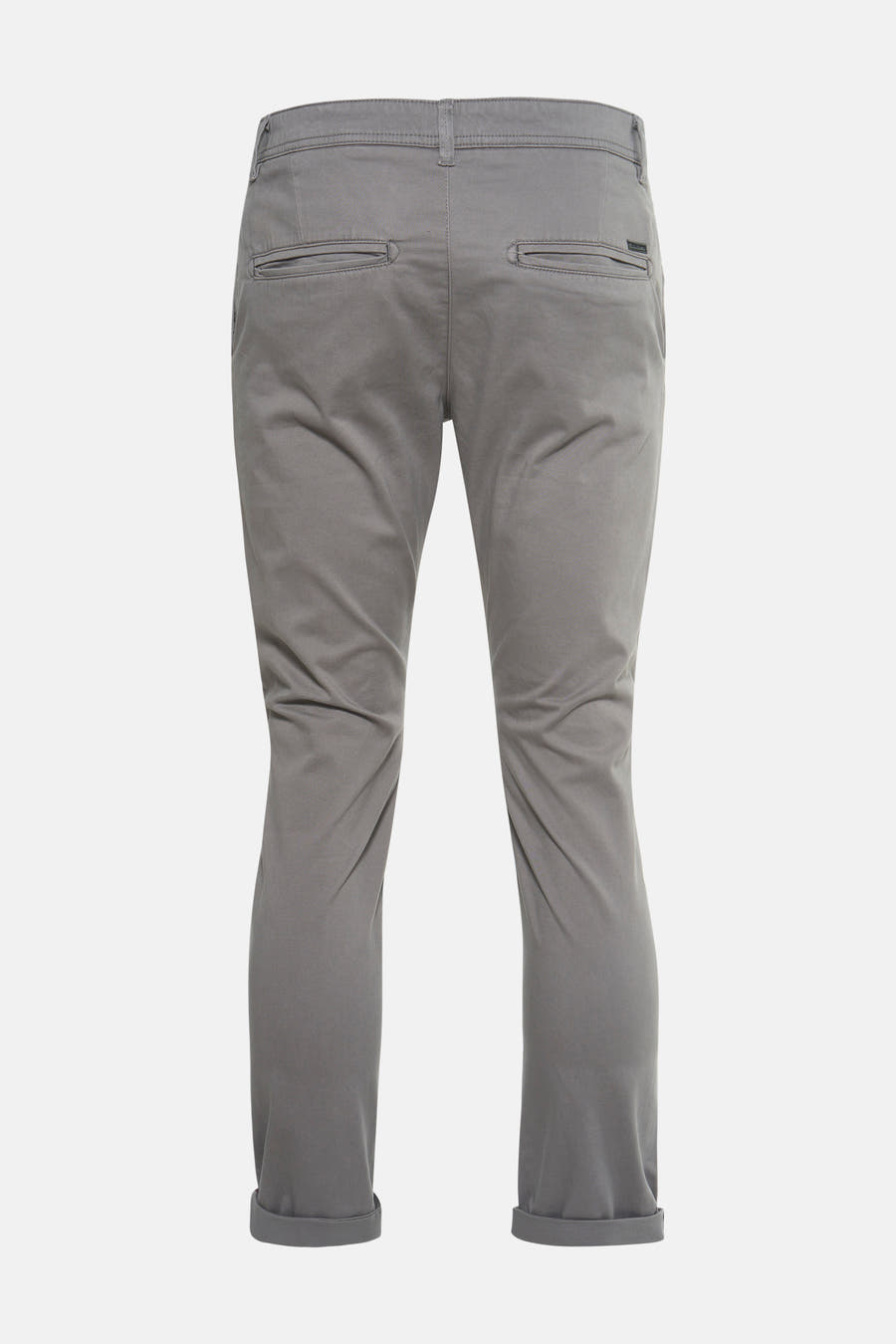 Grijze chino van JACK & JONES JEANS INTELLIGENCE, met steekzakken en achterzakken, en opgerolde broekspijpen, rugaanzicht.
