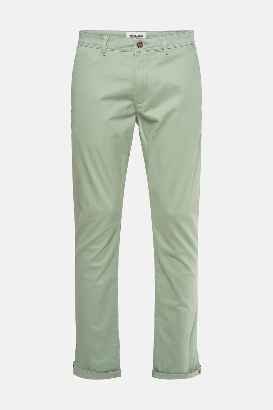 Groene chino van JACK & JONES JEANS INTELLIGENCE, met knoopsluiting en opgerolde broekspijpen.
