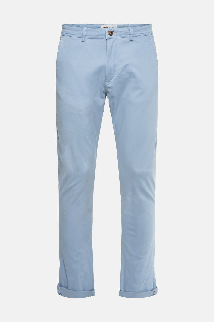 Blauwe chino van JACK & JONES JEANS INTELLIGENCE met omgeslagen broekspijpen.

